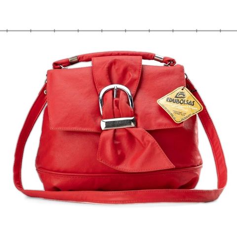 Bolsa vermelha com laço e fivela, com a etiqueta Edubolsas da época