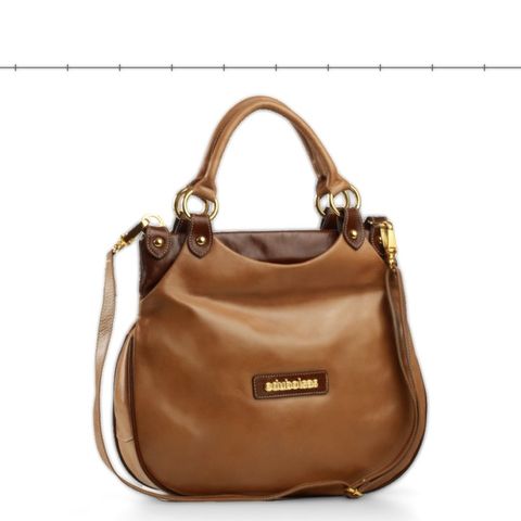 Modelo 042: bolsa de ombro caramelo com alças de argola e a etiqueta Edubolsas da época