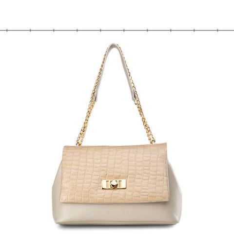 Modelo 594: bolsa com aba em couro croco e alça de corrente, off-white