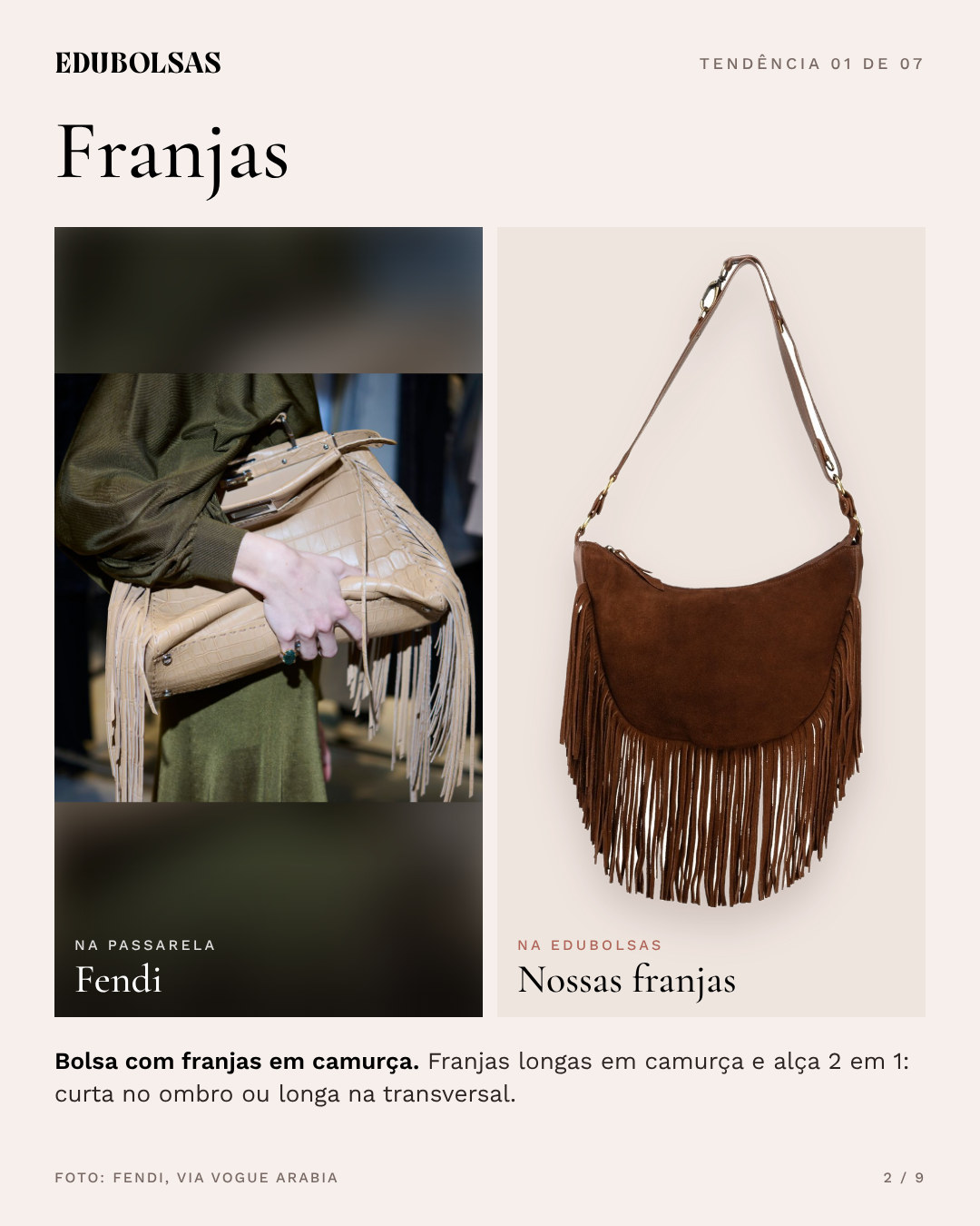 Tendência 01, franjas: na passarela, Fendi; ao lado, a versão Edubolsas em couro legítimo